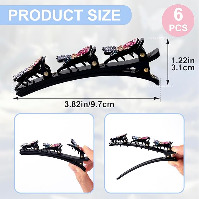 6 Pcs Sparkling Crystal Stone Braided Hair Clips, Rhinestone Duckbill Clips, Braided Hair Accessories for Styling Sectioning, Braided Hair Clips for Women