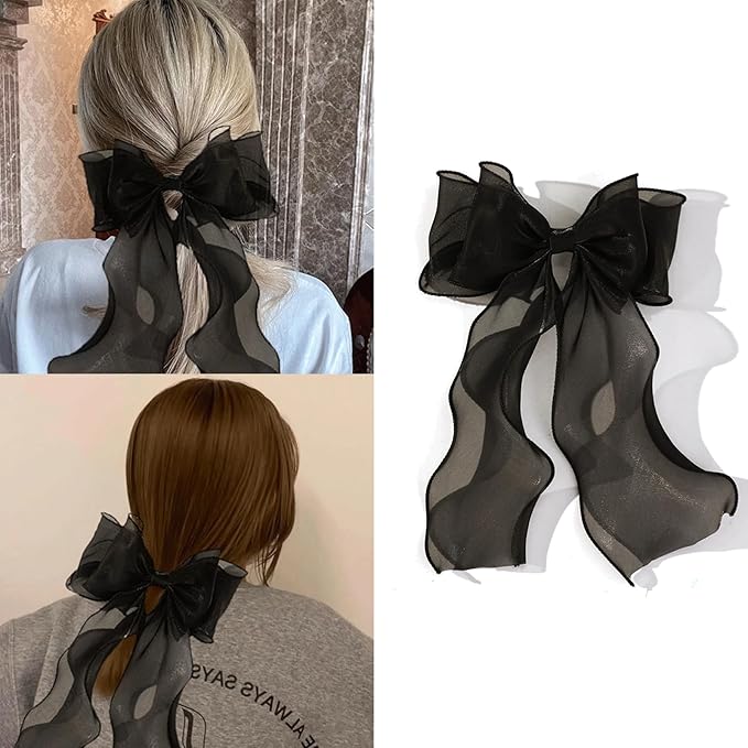 2PCS Large Blue Hair Bows, Chiffon Hair Ribbon Clips, Vintage Ribbon Bows Hair Clips, Oversized Hair Bow Barrettes for Women, Cute Long Tail Hair Bows Hair Styling Accessories