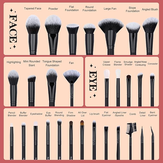 29pcs Black Professional Makeup Brush Set Kabuki Powder Concealers Eye shadows Blush Eyeliner Eyebrow Contour Eye blending Brushes