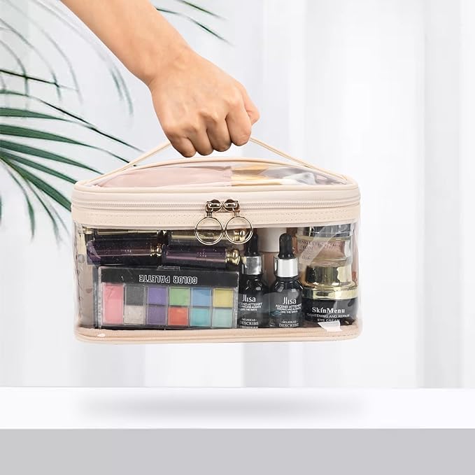OCHEAL Makeup Bag, Clear Makeup Organizer Bag Portable Cosmetic Bag, Cute Transparent Case For Women and Girls traveling Storage with zipper Divider Brush Compartment-Clear Beige white