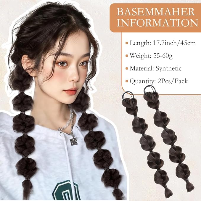 2 Pcs Bubble Ponytail Wig Synthetic Braided Hair Extensions With Ties and Band Wrap Around Hairpieces for Women Girls Daily Wear Accessories (Brownish Black)