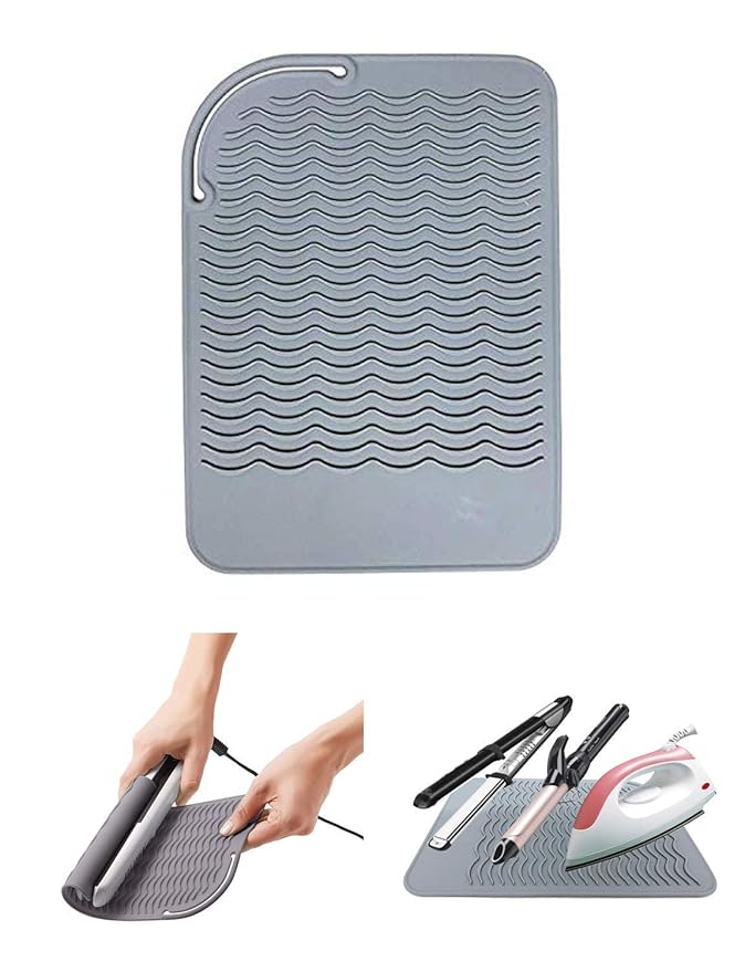 Heat Resistant Glove with Silicone Bump Mat for Curling Iron, Hair Straightener, Flat Irons - 9 x 6.5 Food Grade Mat, Grey