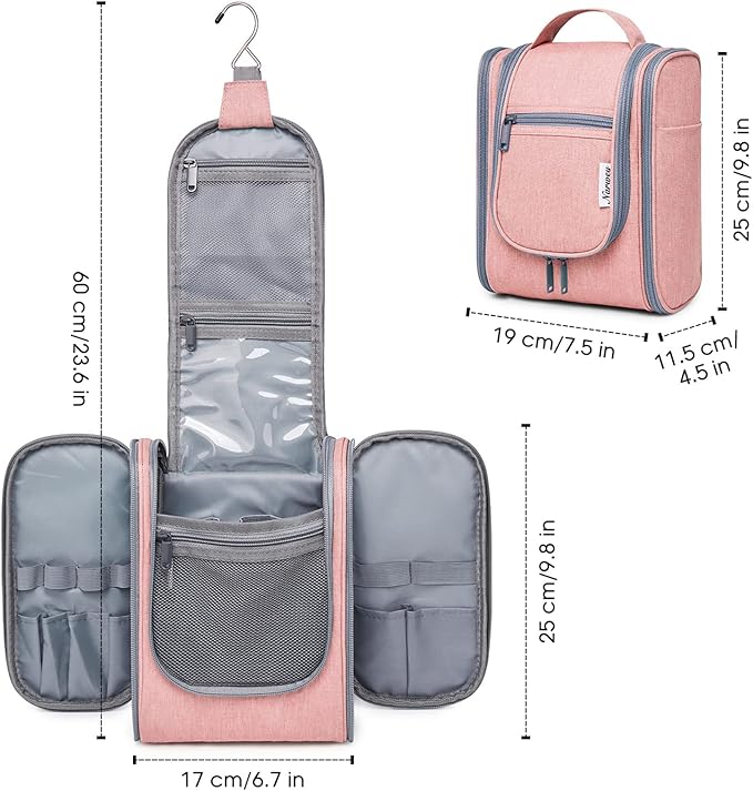 Narwey Small Hanging Toiletry Bag Women Travel Makeup Bag Organizer Toiletries Bag for Travel Size Essentials Accessories Cosmetics (Medium, Pink)