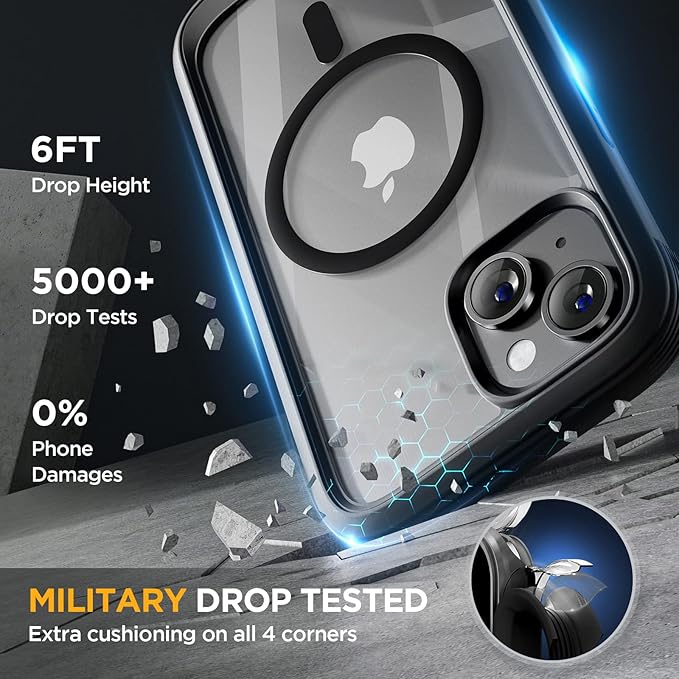 Miracase Glass Series Designed for iPhone 14 Plus Case 6.7 inch, 2023 Upgrade Full-Body Magnetic Clear Case with Built-in 9H Tempered Glass Screen Protector,Compatible with MagSafe,Black