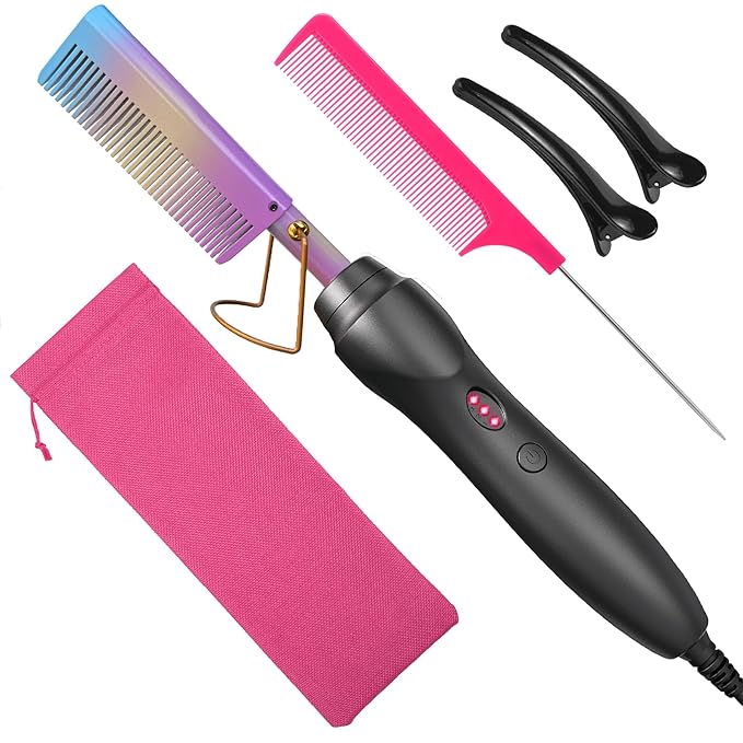 Hot Comb Hair Straightener Heat Pressing Combs - Ceramic Electric Straightening Comb, Curling Iron for Natural Black Beard Wigs Women Gift 5 In 1 - Rainbow