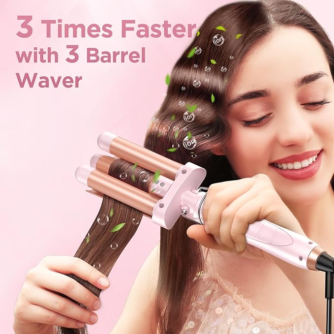 5 in 1 Wand Curling Iron-Curling Wand Set with Hair Straightener, 3 Barrels Hair Crimper Iron, 3 Ceramic Curling Irons (0.35 "-1.25"), 2 Temps Fast Heat Hair Curler Waver with Glove & Clip-Light Pink