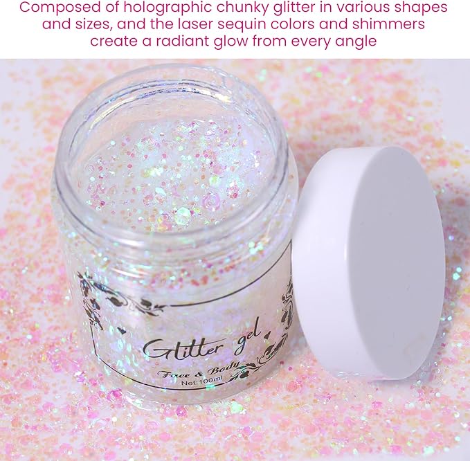DAGEDA White Body Glitter, 100ml Chunky Glitter Rave Accessories for Festival, Face Glitter for Mermaid Makeup, Holographic Hair Glitter for Rave Party Large Capacity Glitter with Tools