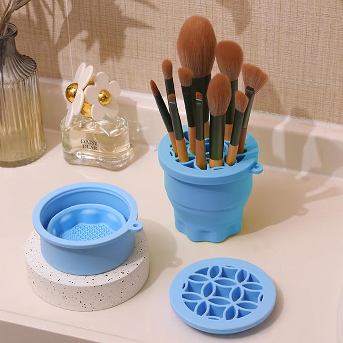 Makeup Brushes Cleaner Mat with Brush Storage Holder, Folding Portable Washing Tool for Makeup Brush Cleaning, 2 In 1 Silicone Brush Cleaner Pad & Cosmetic Brush Organizer Rack (Pink)