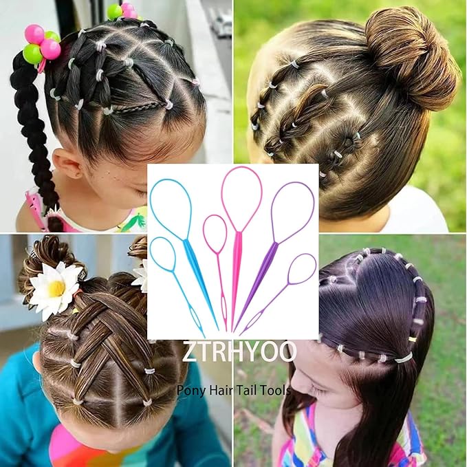 6pcs Pony Hair Tail Tools, Hair Loop Styling Tool French Braiding Hair Tool, Hair Braid Accessories Ponytail Maker for Women Girls, Ponytail Hair Pull Through Tool (2pink+2blue+2purple)
