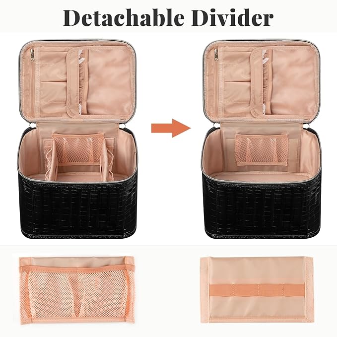 OCHEAL Travel Makeup Bag, Cosmetic Bags for Women Makeup Case Organizer Large Capacity Travel Toiletry Bag Storage Bags with Divider and Handle for Cosmetics Toiletries Brushes Tools-Black