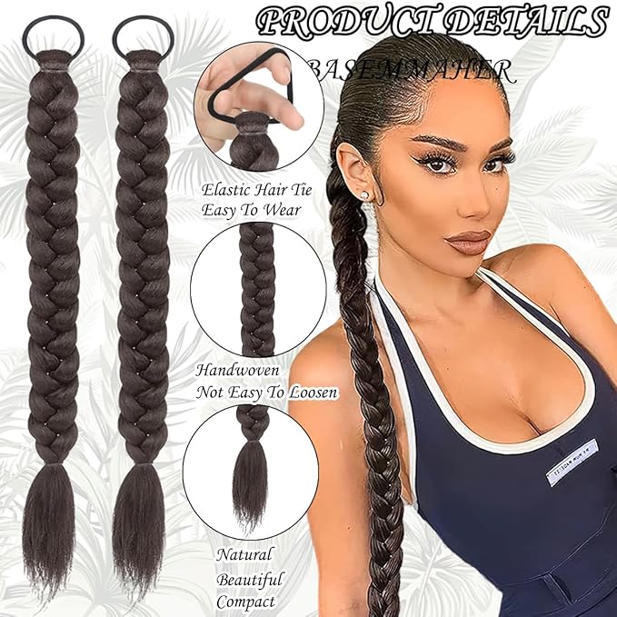 2Pcs Braided Ponytail Extensions with Hair Ties Soft Synthetic Hair Pieces Straight Wrap Around Hair Extensions Pony Tail Hairpieces Accessories for Women Daily Wear 16 Inch (Brownish Black)
