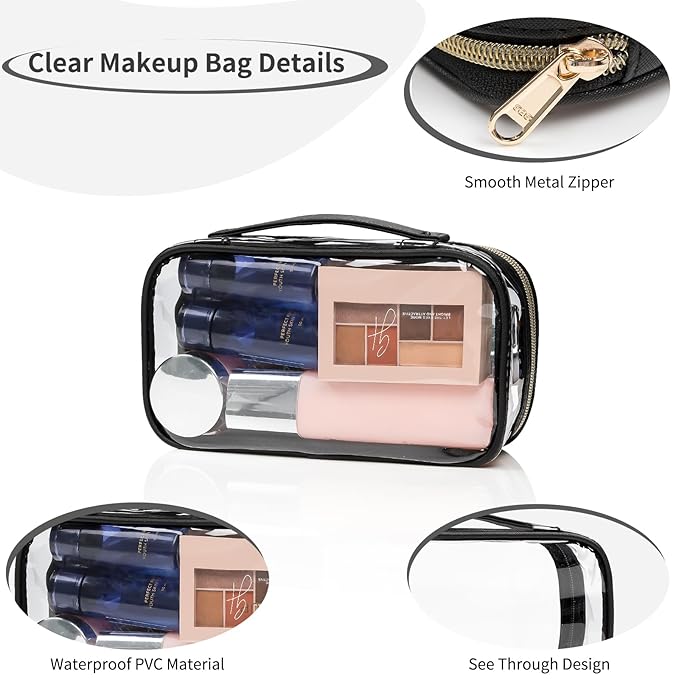 OCHEAL Clear Makeup Bag, TSA Approved Toiletry Bag Small Portable Travel Transparent Cosmetic Bag Organizer Cute Storage Bags with zipper for Women and Girls Cosmetics Toiletries Clear Pouch