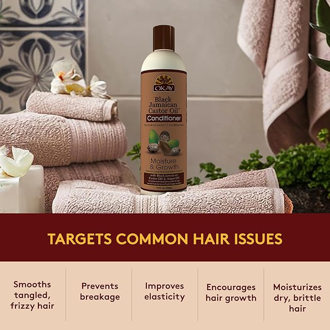 OKAY | Black Jamaican Castor Oil Conditioner | For All Hair Types & Textures | Revive - Moisturize - Grow Healthy Hair | with Argan Oil & Shea Butter | Free Of Parabens, Silicones, Sulfates , PALE YELLOW , 12 Oz
