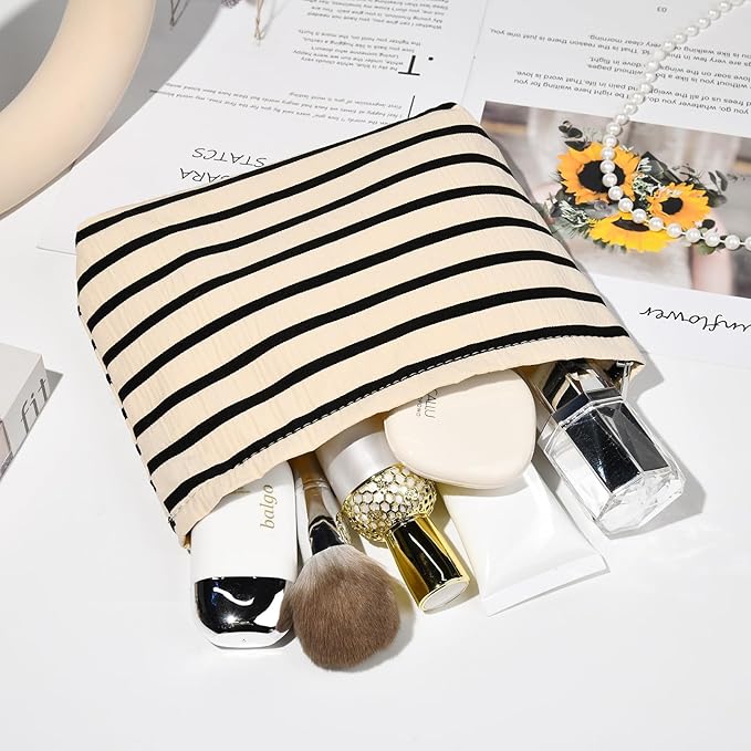 2 Pieces Makeup Bag Large Stripe Cosmetic Bag Capacity Canvas Mix Travel Toiletry Bag Organizer Cute Makeup Brushes Aesthetic Accessories Storage Bag for Women, Stripe Mix White