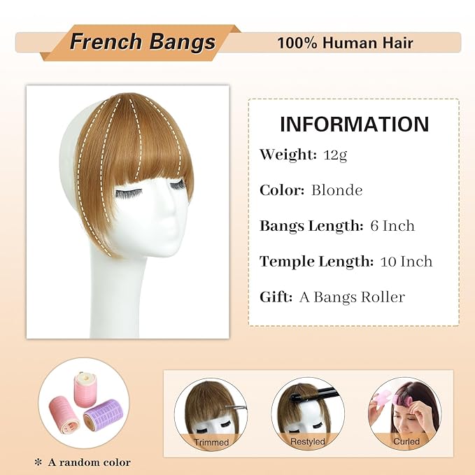 NAYOO Bangs Hair Clip in Bangs 100% Real Human Hair Extensions French Bangs Clip on Air Bangs for Women Hairpieces Curved Bangs (Blonde)