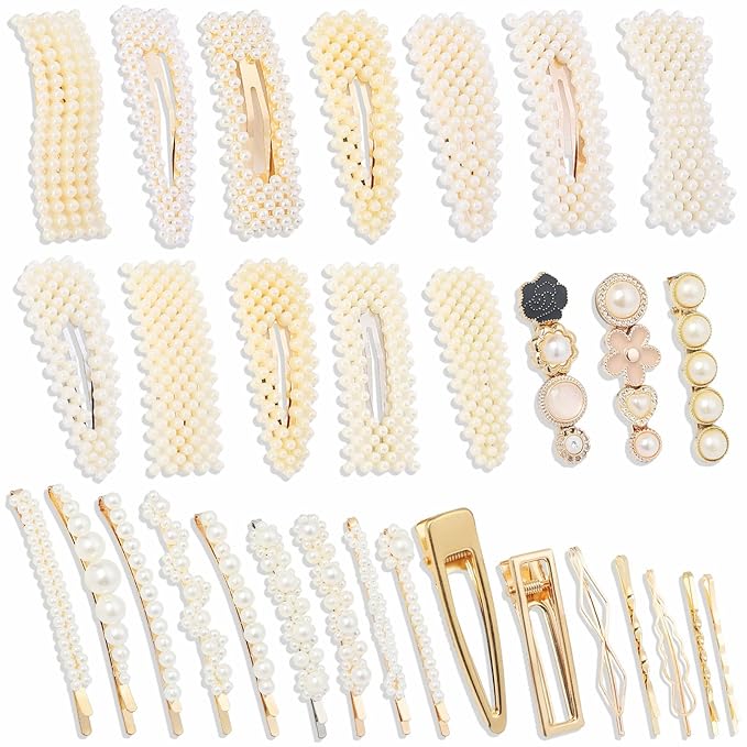 Gold and Silver 31 Pcs Hand-made line styles Pearl Hair Clips for Women Girls, Hair Accessories Pearl Hair Clips for Party Wedding Daily