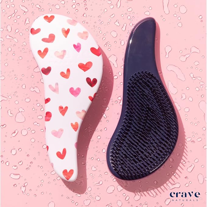 Crave Naturals Glide Thru Hair Brush - Detangler Brush for Curly, Straight, Wet or Dry Hair - Gentle Detangling Brusheses for Adults, Kids, Toddlers - Hair Accessories for Women, 7.5"x3" - Pink Hearts
