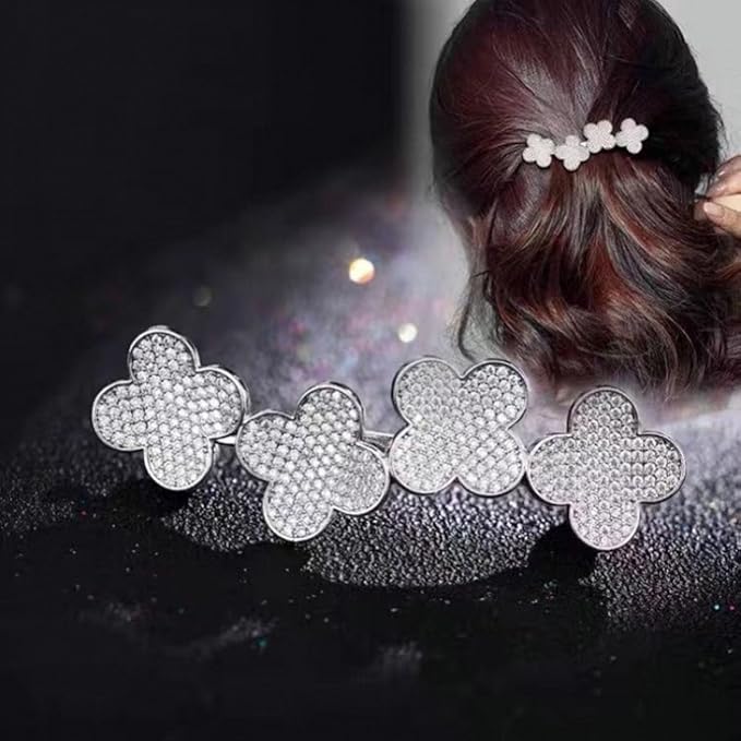 Boho Rhinestone Flower Hair Clip Crystal Floral Cluster Hairpin Barrette Silver Four-leaf Clover Non-Slip Geometric Hair Barrettes Wedding Headpiece Hair Styling Accessories for Women Girls