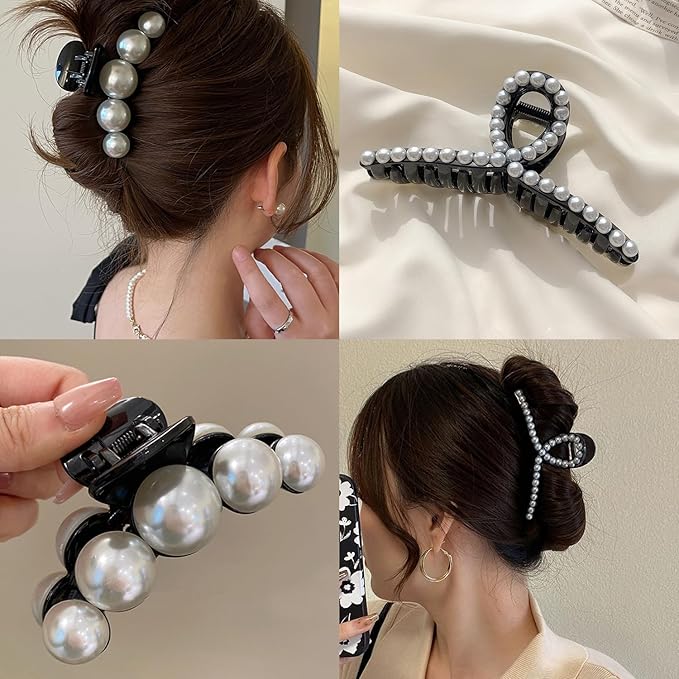 Mehayi 4 PCS Large Black Pearl Hair Claw Clips for Women Girls, Hair Barrette Clamps for Thick Thin Hair, Fashion Hair Accessories Headwear Styling Tools for Party Wedding