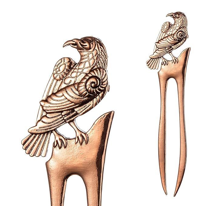 2pcs Antique Rose Golden Raven Prong Forks Styling Pins Black Wicca Witch Hair Stick Slide Renaissance Festival Hair Acceossories for Women 06