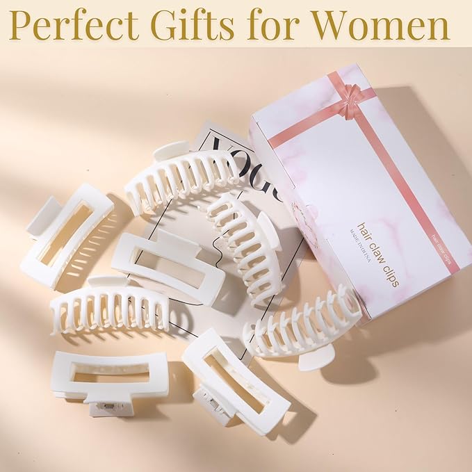 White Hair Clips for Women - 8 Pack 4.3 Inch Large Hair Claw Clips for Women Thin Thick Curly Hair, Big Matte Banana Clips,Strong Hold jaw clips