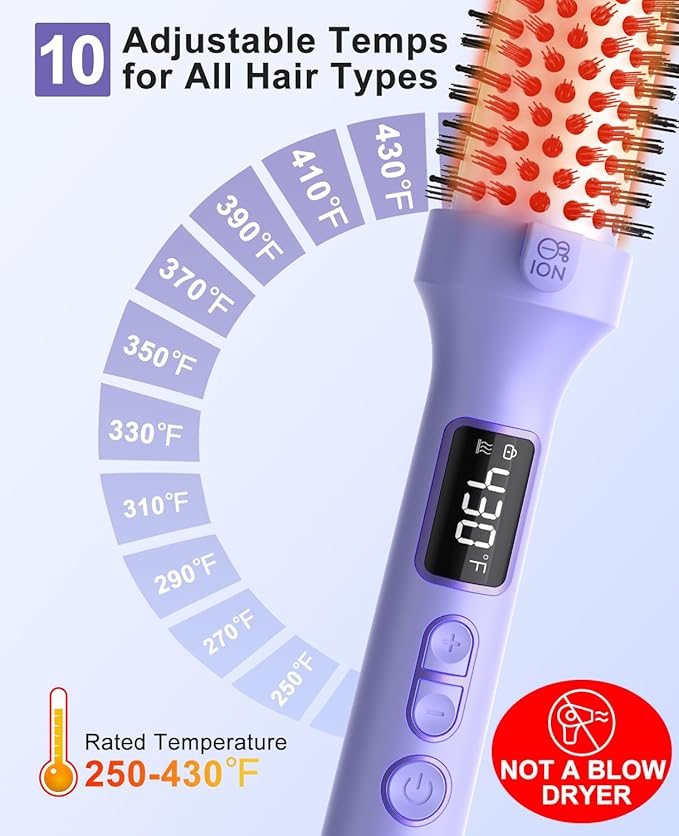 Nimmu 1.5 inch Heated Round Brush - Hot Brush Styler with 10 Temperature Control, Dual Voltage for Travel, Purple