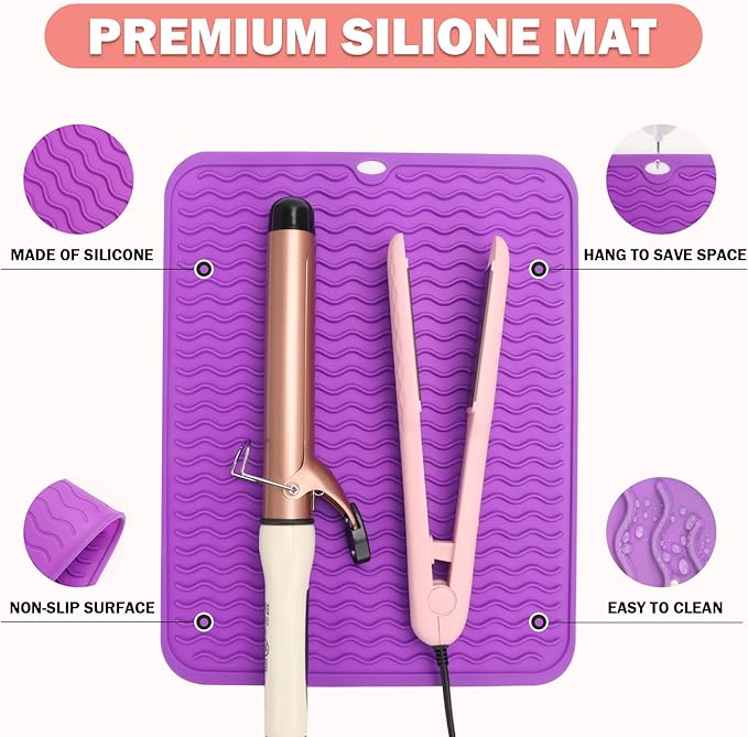 Oversize Silicone Heat Resistant Mat for Curling Iron, Hair Straightener, Flat Irons and Hot Hair Styling Tools, Portable Wrap Cover with for Home Travel Gym Salon(14.2" x 11") (Purple)