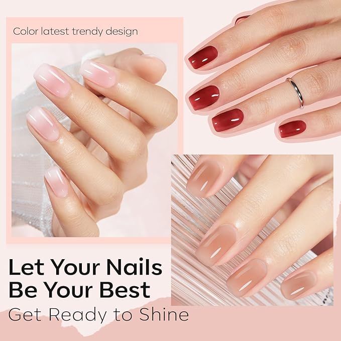 modelones Jelly Nail Polish of 6 Colors Sheer Nude Mini Nail Polish Set Natural Jelly Red Pink Brown Colors Quick Dry Nail Polish Kit for DIY Easter Nail Art Salon Home Gift for Women Girl