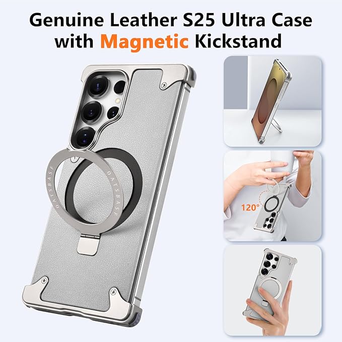 S25 Ultra Case Leather Magnetic with Ring Kickstand, Frameless for Samsung Galaxy S25 Ultra Case for Magsafe, Slim Drop-Proof Protective S25Ultra Cover for Men Women 6.86 Inch, Gray