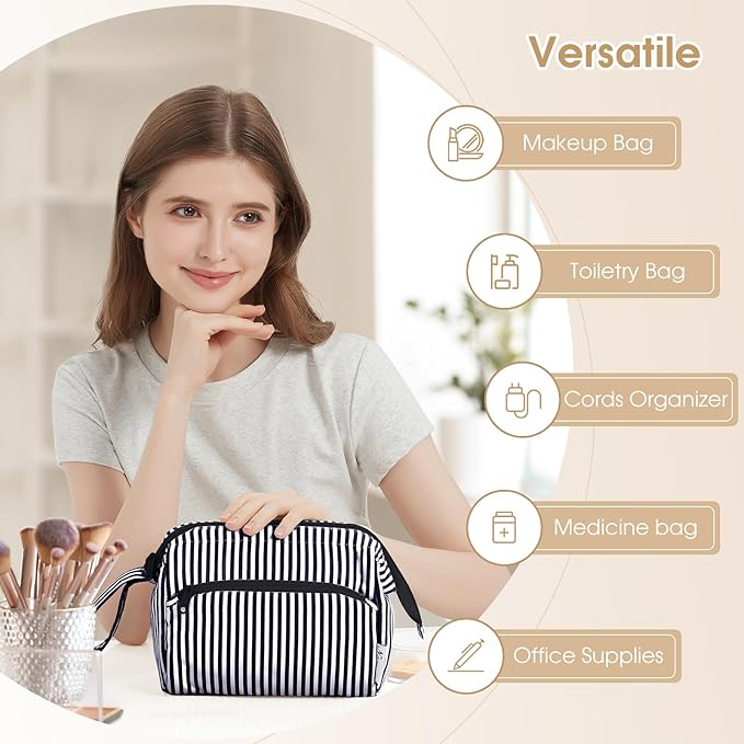 Narwey Striped Makeup Bag Women Wide-open Make up Bag Travel Cosmetic Bag Organizer Toiletry Bag for Cosmetics Toiletries Accessories (Black Stripe)
