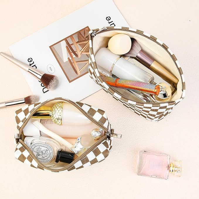 2 Pcs Checkered Makeup Bag Large Cosmetic Bag Toiletry Bag Makeup Pouch Travel Bag Organizer Cute Makeup Brushes Aesthetic Accessories Storage Bag for Women Coffee Brown