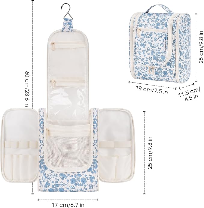 Narwey Hanging Toiletry Bag Women Travel Makeup Bag Organizer Toiletries Bag for Travel Size Essentials Accessories Cosmetics (Medium,Little Blue Flower)