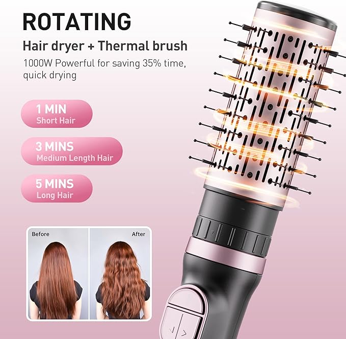 3-in-1 Rotating Hair Dryer Brush Blow Dryer with Interchangeable Heads, Hair Styling Tools for Straightening/Drying/Curling, Spinning Thermal Brush Blowout Set for Long Hair, Rose Gold