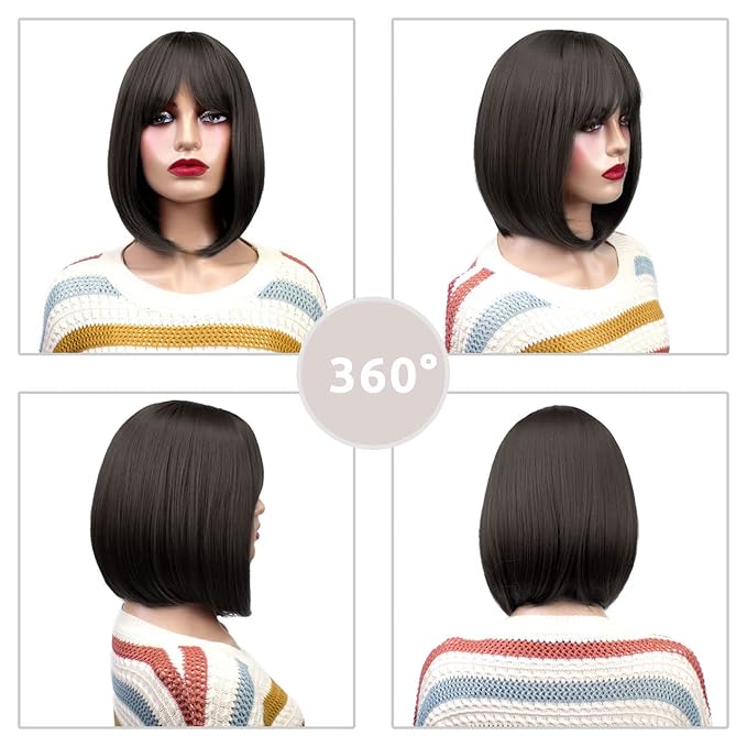 Onpep Bob Wig with Bangs Darkest Brown Short Straight Wigs for Women Shoulder Length Heat Resistant Synthetic Natural Color Wigs