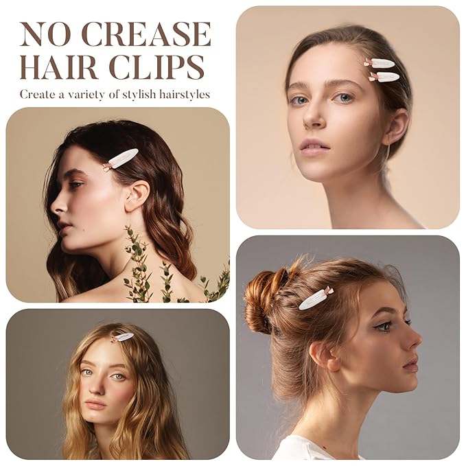 D 8 Pcs Hair Clips - No Bend No Crease Hair Clips - Flat Makeup Clip for Women and Girls - Creaseless Hair Clip for Hairstyling Bangs Salon Rose Gold Handle - white