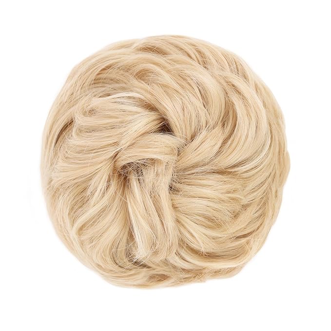 MORICA 1PCS Messy Hair Bun Hair Scrunchies Extension Curly Wavy Messy Bun Hair Synthetic Chignon Hairpieces for Women(22/613#(Pale Golden Blonde & Bleach Blonde Mixed))