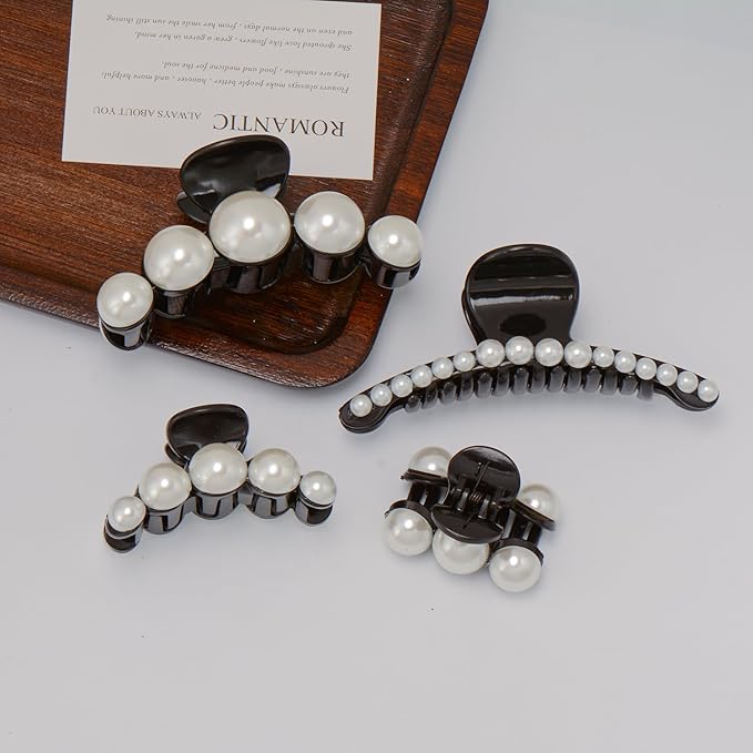 Mehayi 4 PCS Large Black Pearl Hair Claw Clips for Women Girls, Hair Barrette Clamps for Thick Thin Hair, Fashion Hair Accessories Headwear Styling Tools for Party Wedding