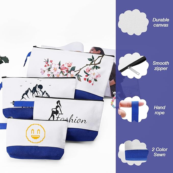 10 Pieces Cotton Canvas Makeup Bag with Bottom and Strap, Multi-Purpose Cosmetic Bag with Zipper Travel Toiletry Pouch, Blank DIY Craft Bag (White&Blue, XS)