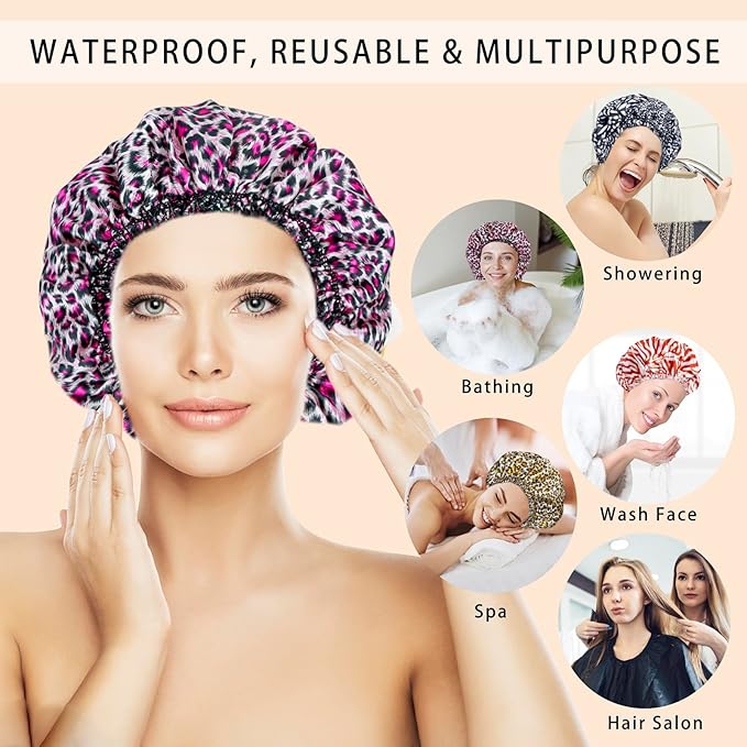 4 PCS Shower Caps for Women, Elastic and Reusable Bath Caps, Double Waterproof Layers Shower Cap, Bathing Shower Caps, Environmental Protection Hair Bath Hat - Printed Color