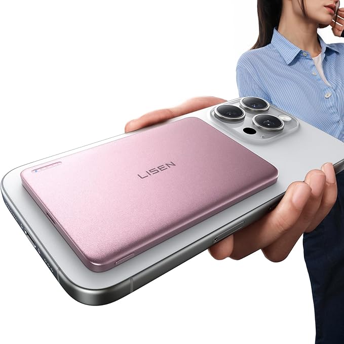LISEN 0.3‘’ Ultra Slim MagSafe Portable Charger iPhone,Alloy 5,000mAh Wireless Charge Card Phone Charger,Slim MagSafe Battery Pack,Magnetic Power Bank for iPhone 16e Pro Max/15/14/13/12,Pink