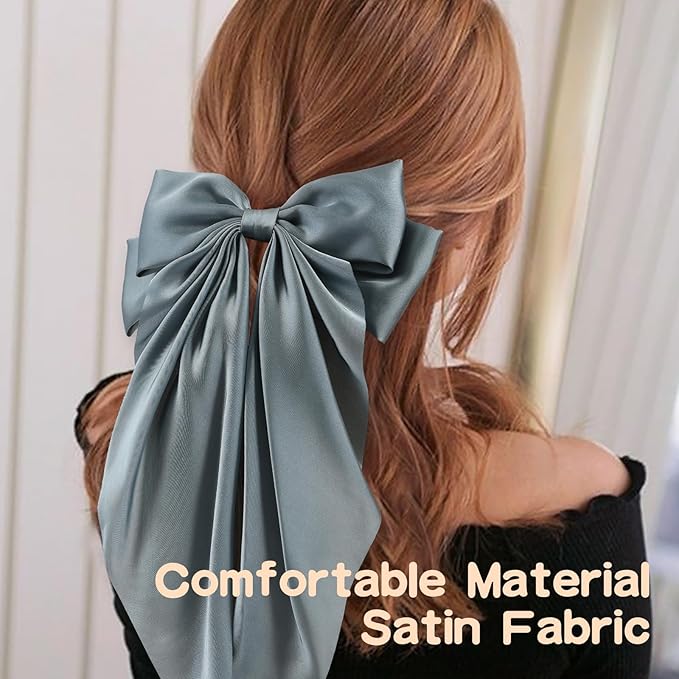 6 PCS Hair Bows for Women, Big Bow Hair Clips for Girls, Silky Satin Hair Bows Clips Oversized Long Tail, Large Hair Barrettes Cute Hair Accessories, Metal Bow Hair Clips khaki color