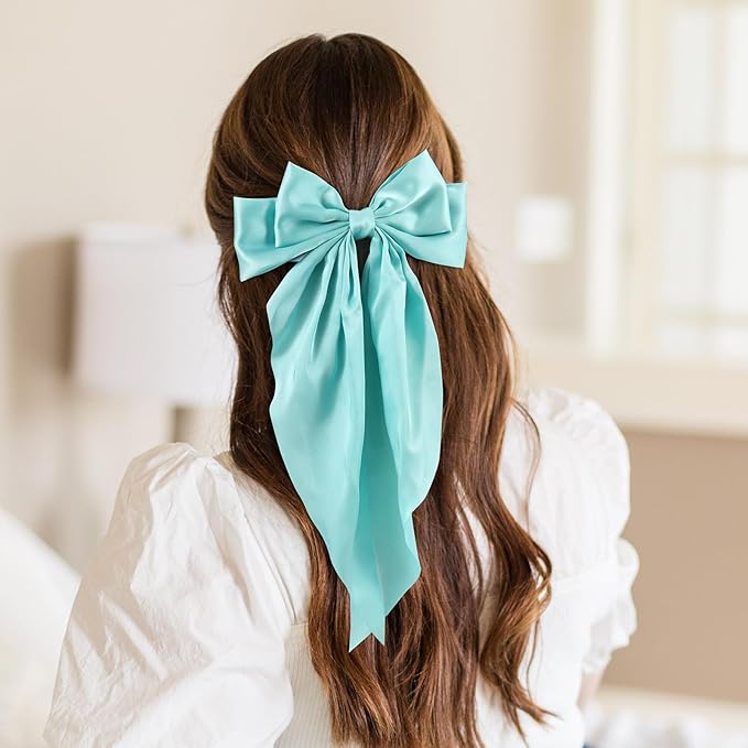 6 PCS Hair Bows for Women, Big Bow Hair Clips for Girls, Silky Satin Hair Bows Clips Oversized Long Tail, Large Cute Aesthetic Hair Accessories, Metal Bow Hair Clips Holiday Gifts