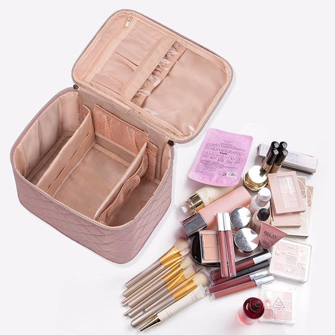 OCHEAL Pink Makeup Bag,Travel Large Capacity Cosmetic Bags For Women Large Travel Toiletry Bag Girls Traveling With Brush Slot And Divider-Nude Pink