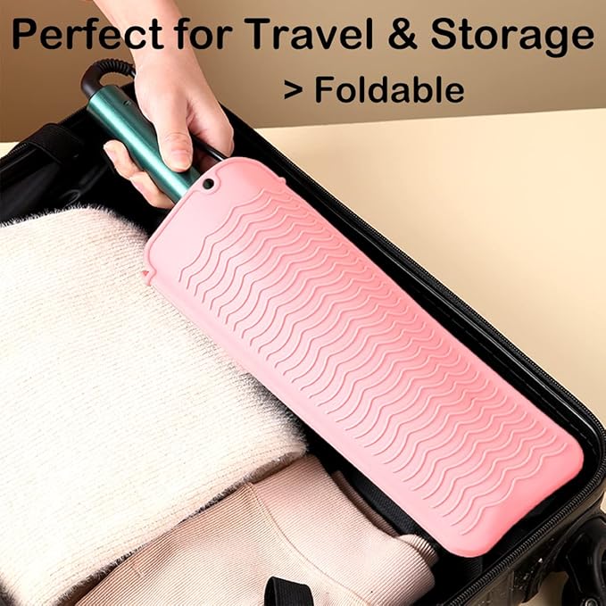 2 Heat Resistant Silicone Mat with Hanging Hole, Straightener Heat Resistant Travel Mat & Pouch for Curling Iron, Flat Iron and Other Hot Hair Styling Tools, 11 x 5 in, Pink