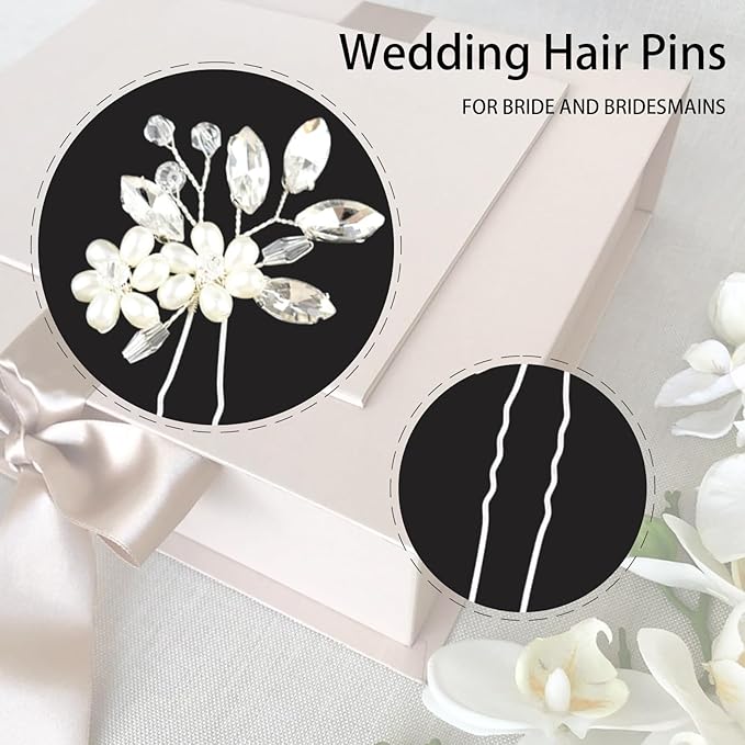 5 Pieces Pearl Bride Hair Pins Rhinestone Bridal Hair Piece for Women Crystal Pearl Hair Accessories for Bride Bridesmaids Flower Girls(Silver)