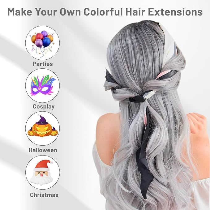 16 Pcs Colored Hair Extensions Curly Wavy Clip in Synthetic Hair Extensions,Colorful Party Highlights Hairpiece Streak for Girls Women Kids(Grey)