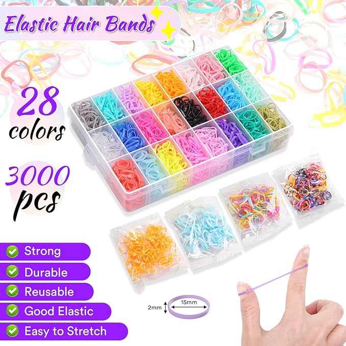 3000Pcs 28 Colors Hair Rubber Bands for Hair, Small Elastic Hair Ties with Organizer Box Mini Plastic Hair Bands Hair Loop Tool for Baby Girls Toddler Kid Hair Styling Accessories Set