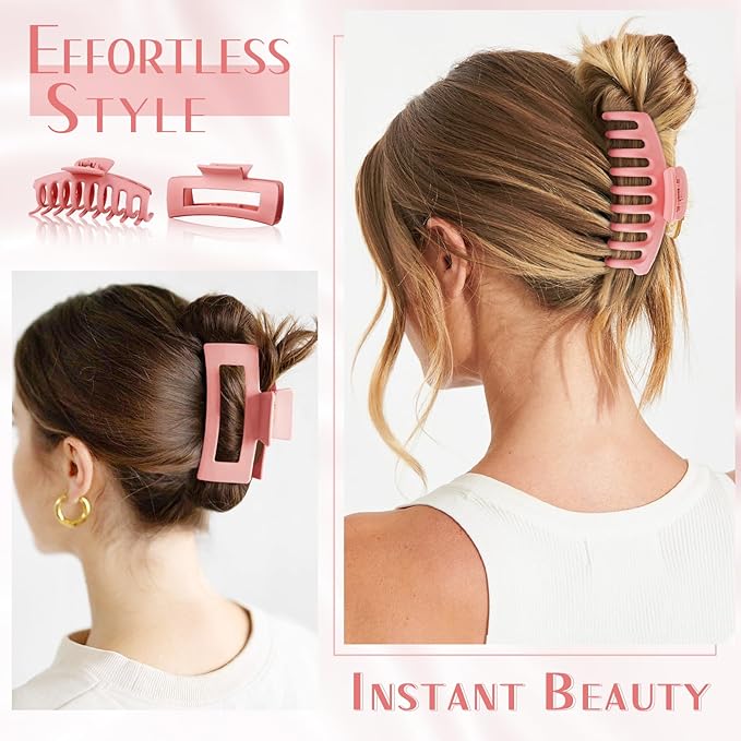 TOCESS 8 PCS Claw Clips in Black & Pink, Non-Slip Matte Finish 4.33 In Square Hair Claw for Thick Thin Curly Hair Women & girls, Jumbo Clamps with Big Open Design, Ideal for Travel, Yoga, or Daily Use