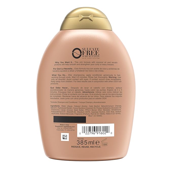 OGX Ever Straightening + Brazilian Keratin Therapy Hair-Smoothing Conditioner with Coconut Oil, Cocoa Butter & Avocado Oil, Paraben-Free, Sulfate-Free Surfactants, 13 Fl Oz (Pack of 2)