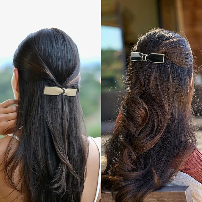 4 Pcs French Flat Bow Hair Clips for Women, Y2K Cute Bowknot Hair Barrettes Small Black Snap Hair Clip Styling Hair Accessories for Thick and Thin Hair
